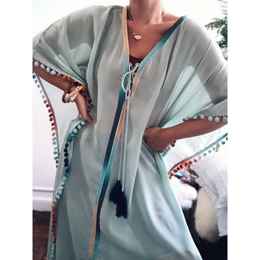 Frosty Aqua Sheer Pom Pom Kimono Cover Up - Picture 6 of 8